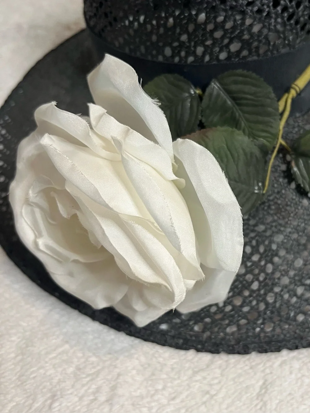 Vintage Oscar de la Renta Black Structured Straw Hat with White Rose Fascinator